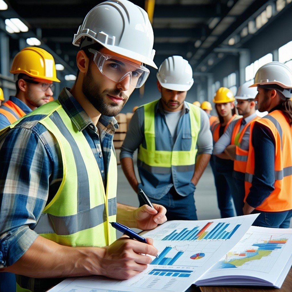 a construction worker in a hard hat and saftey glasses standing in a factory going over plans with his team-1